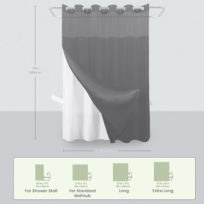 Inhousolu Stall No Hook Shower Curtain with Snap in Fabric Liner Set Waffle Weave 230GSM Weighted Hem, Waterproof & Washable Bathroom Curtain Spa Luxury with Mesh Top Window 36" W x 72" L Grey