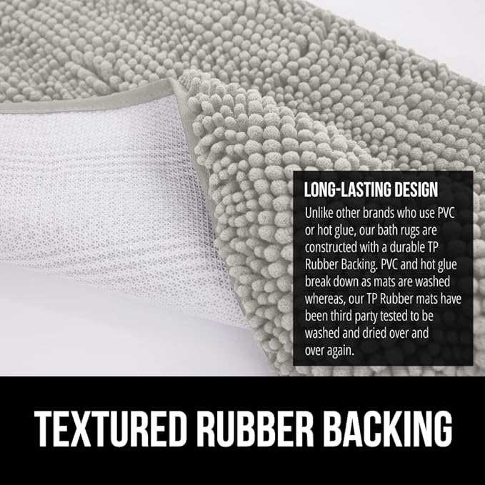 GORILLA GRIP Bath Rug Mat, Soft Absorbent Chenille, Quick Dry Microfiber Mats, Rubber Backing Washable Shower Floor Rugs, Bathmat Runner, US Designed Bathroom Home Decor Accessories 24x17 Light Gray