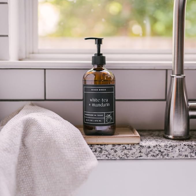 River Birch White Tea + Mandarin Scented Natural Hand Soap - Handmade Soap - Moisturizing Hand Wash with Amber Glass Dispenser - Luxury Scented Hydrating Hand Soap - Vegan and Non-Toxic - 16 Fl Oz