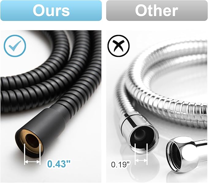 OFFO Shower Hose High Flow 0.43” Large Bore, 48 in Kink Free Stainless Steel Shower Head Hose Replacement G1/2”, Leak-proof Extra Long Flex Handheld for Pet Bathing Cleaning, Matte Black