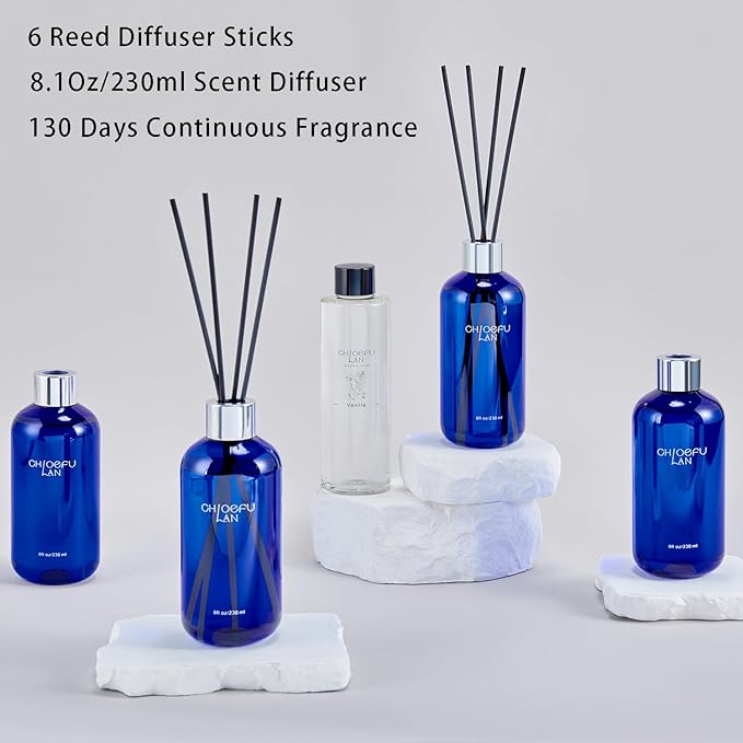 Chloefu Lan Reéd Diffuser, 8.1 oz Natural Essential Scented Oil, 6 Diffuser Sticks, Home Fragrance Sandalwood, Aromatherapy Oil Diffuser Reeds, More Masculine Scent, Bathroom & Office Decor 230ml