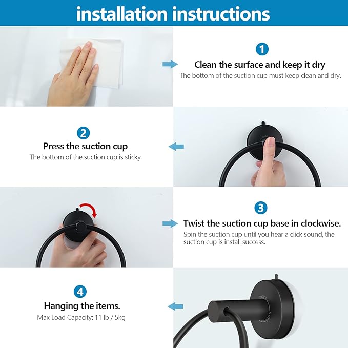 DGYB Suction Cup Towel Ring Matte Black Hand Towel Holder for Bathroom Wall SUS 304 Stainless Steel Kitchen Towel Hanger