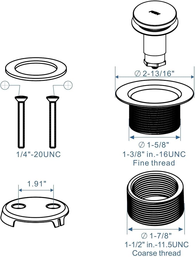Brushed Nickel Tub Drain Tip-Toe Tub Trim Set Conversion Kit Assembly, Hidrop Bathtub Drain Replacement Trim Kit with 2-Hole Overflow Faceplate and Universal Fine/Coarse Thread, Brushed Nickel
