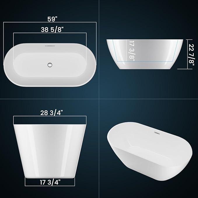 59" Acrylic Freestanding Bathtub, Modern Deep Soaking Tub, cUPC Certified Free Standing Tub, Chrome Drain/Overflow, White Acrylic, Flora White