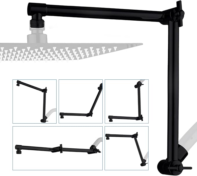 G-Promise 16 Inch Shower Head Extension Arm, Solid Brass Height & Angle Adjustable Extender, Rise or Lower Rainfall and Fixed Shower Head (Matte Black)