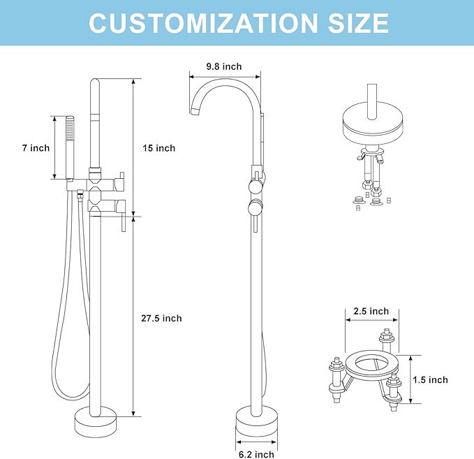 Freestanding Bathtub Faucet, Floor Mount Bathtub Faucet with 2 Water Outlet Modes, Swivel Gooseneck Spout with Hand Shower, Brass Single Handle Tub filler, Max Flow Rate 7.4 GPM, Gold