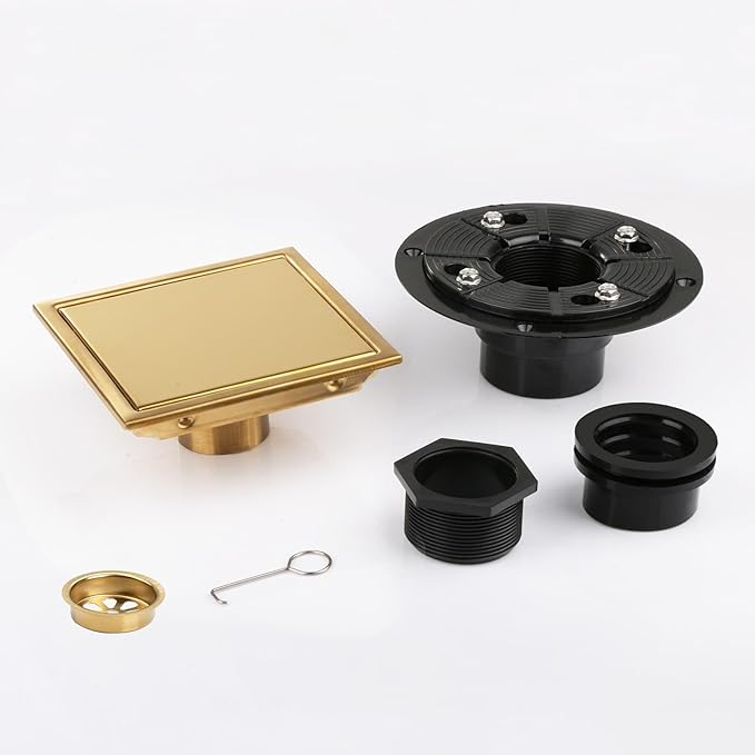 Square Shower Drain, Gold Shower Drain 6 inch with Flange and 2 in 1 Tile-Insert Cover, AISI 304 Stainless Steel Gold Shower Floor Drain with Hair Catcher and Flange