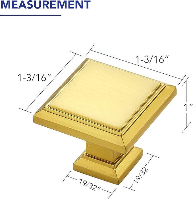 Ravinte Hardware 10 Pack Kitchen Cabinet Pulls Square Drawer Single Hole Handles Brushed Brass for Cupboard Gold Dresser Solid