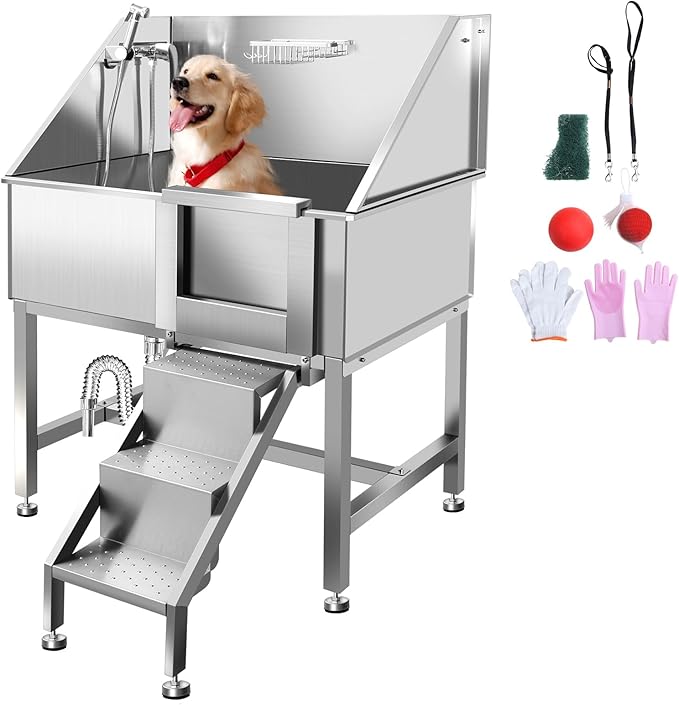 38" Dog Washing Station Large Dogs Grooming Tub Professional Stainless Steel Dog Bathtubs Bathing Tub Pet Washing Station for Home with Steps,R-Door