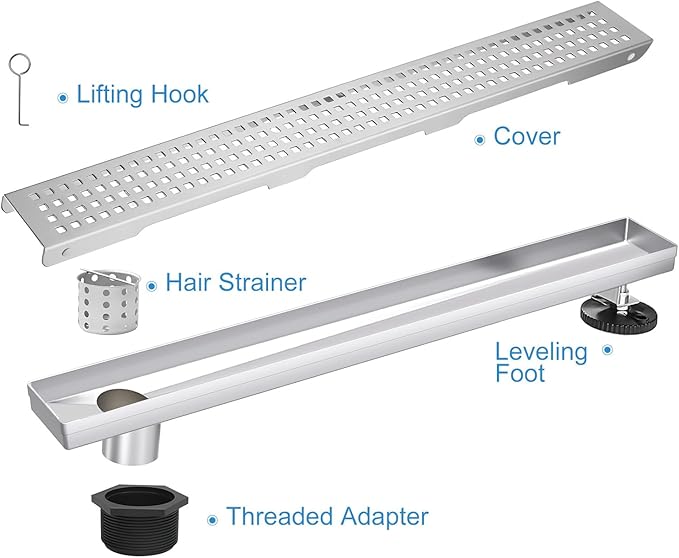 Offset Linear Shower Drain, Shower Drain 32 inch with Removable Grate Cover, Professional AISI 304 Stainless Steel Side Outlet Shower Floor Drain with Hair Catcher and Leveling Feet