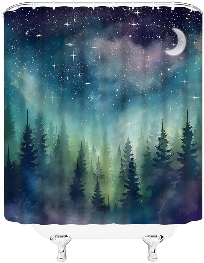 Forest Moon Shower Curtain Watercolor Misty Forest Fantasy Starry Sky Galaxy Nature Gothic Scenery Abstract Outdoor Bathroom Decor Curtains with Hooks, Purple 70" L x 36" W