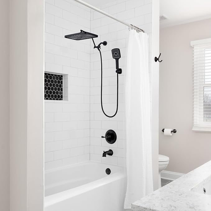 Shower Heads with Handheld Spray Combo, 13 Inches Rain Shower Head with 4 Mode Handheld Wand, and 13 Inches Adjustable Extension Arm, 3 Way Diverter Valve, Extra Long Hose (Matte Black)