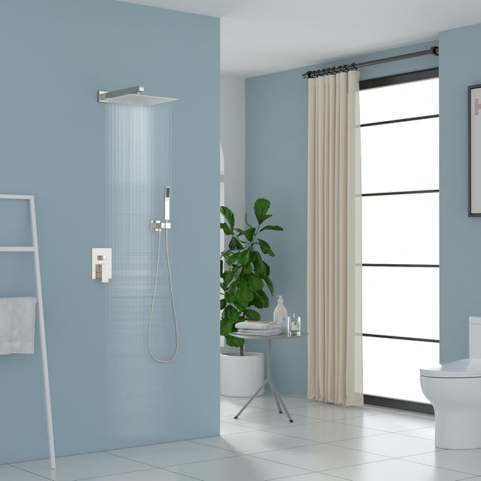 Lordear Rain Shower System Wall Mounted Shower Faucet Set - 12 Inch Stainless Steel Shower Head Handle Set and Solid Brass Valve, Chrome Polished Finish