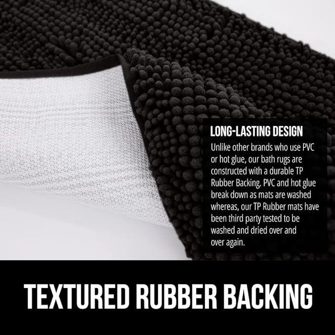 GORILLA GRIP Bath Rug Mat 60x24, Thick Soft Absorbent Chenille, Quick Dry Microfiber Mats, Rubber Backing Washable Shower Floor Rugs, Bathmat Runner, US Designed Bathroom Home Decor Accessories Black