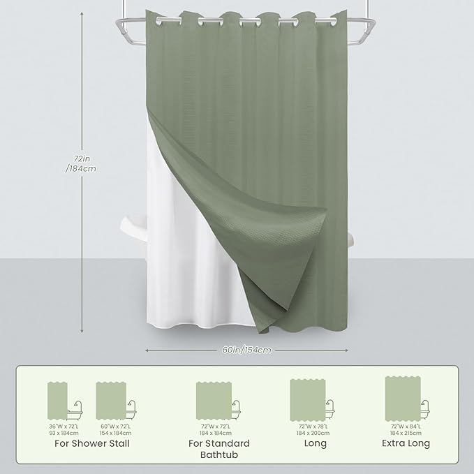 Inhousolu No Hook Waffle Weave Shower Curtain with Removable Snap in Fabric Liner Set for Bathroom, 230 GSM Heavy Duty Weighted Hem, Water Repellent Washable Bath Curtains, 60 x 72 Inch, Sage Green