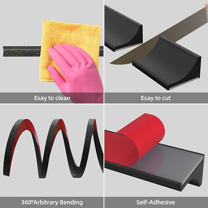 98Inch Collapsible Shower Threshold Water Dam Barrier, Self Adhesive Silicone Waterproof Shower Barrier Water Strip Dam for The Gap Between the Shower Kitchen Countertop Sink and Cooktop