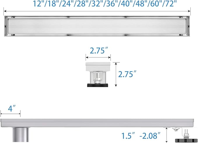 Offset Linear Shower Drain, Shower Drain 36 inch with 2-in-1 Tile Insert Cover, Brushed AISI 304 Stainless Steel Side Outlet Shower Floor Drain with Hair Catcher and Adjustable Feet