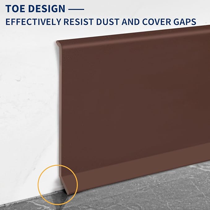 Flexible Baseboard Molding Trim 6 Inch Self-Adhesive Vinyl Wall Base Peel and Stick Cove Base Rubber Wall Baseboard Moulding Trim (60Ft, Brown)