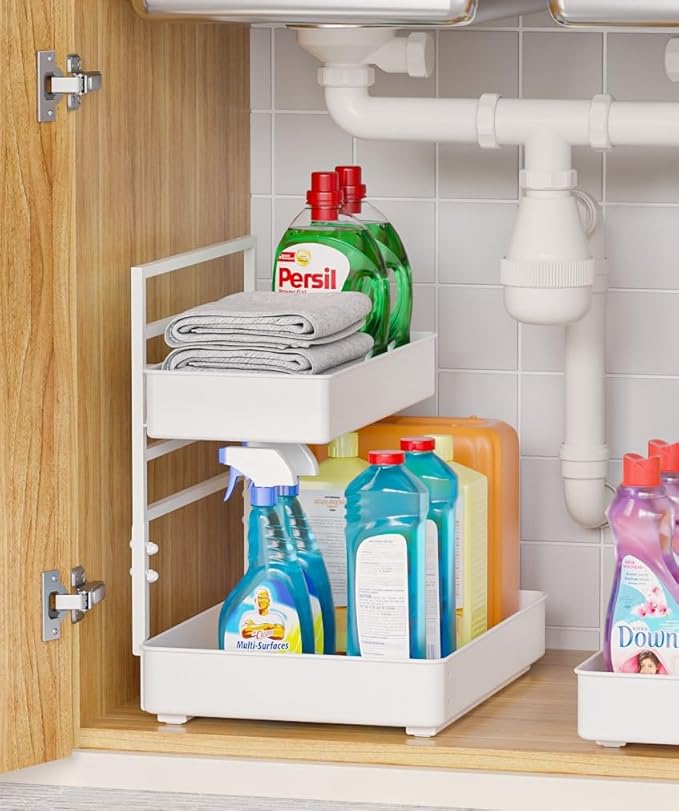 EVERIE Metal Pull Out Slide Shelf Organizer for Framed or Frameless Under Sink CabinetsOrganization in Kitchen, Bathroom, Counter, Cabinets (White, 1 Set)