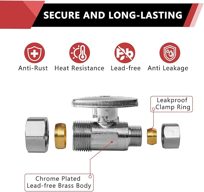 2-Pack EFIELD Straight Stop Valve 1/2" Nominal (5/8" OD) Compression x 3/8" OD, 1/4-Turn,(VALVE122-2PCS)