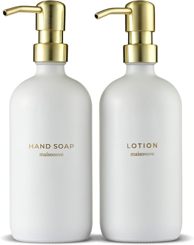 MaisoNovo Soap Dispenser 2-Piece Set | 16.9oz Clear Bottles with Gold Stainless Steel Pumps