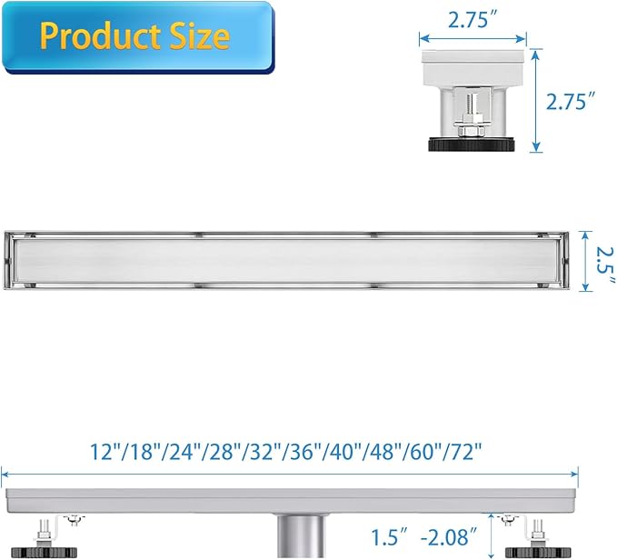 Linear Shower Drain, 32 inch Drain with Tile Insert 2-in-1 Panel, Brushed 304 Stainless Steel Shower Floor Drain, Linear Drain with Hair Strainer and Adjustable Feet