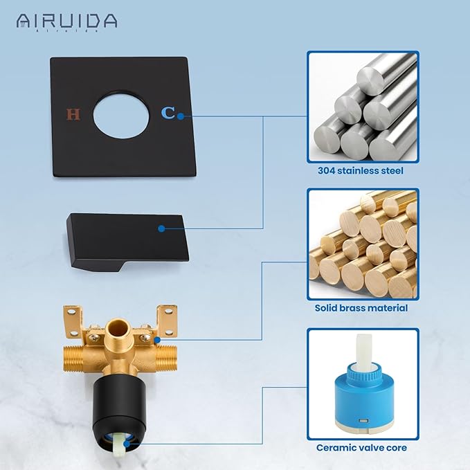 Airuida Square Single-Function Brass Faucet Shower Rough-in Valve Male Thread Bathroom Trim Kit Single Handle Tub Shower Valve 5.5 Inch Cover Plate Matte Black