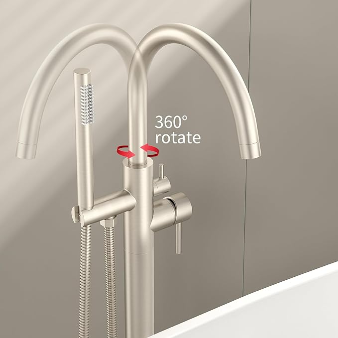 Freestanding Bathtub Faucet Waterfall Tub Filler Brushed Nickel Floor Mount Brass Single Handle Bathroom Faucets with Hand Shower (Brushed Nickel, The bottom of the water)