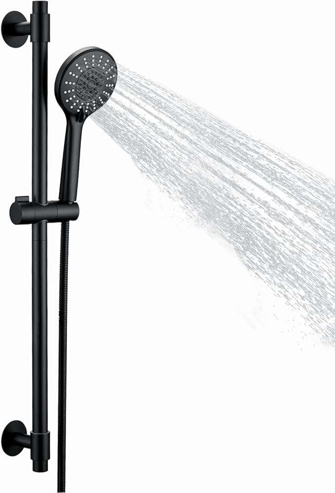 Adjustable Shower Slide Bar with 5-Function Handheld Shower Head, Stainless Steel Drill-free Mounted Slide Bar Combo with Extra Hose (Matte Black)