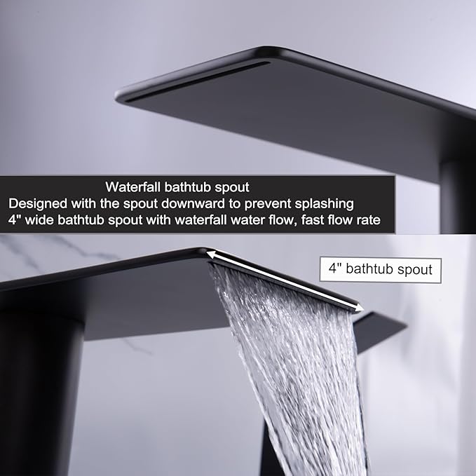 Roman Tub Faucet with Hand Shower, Matte Black Deck Mount Waterfall Tub Faucet High Flow 3 Hole Bathtub Faucets Sets
