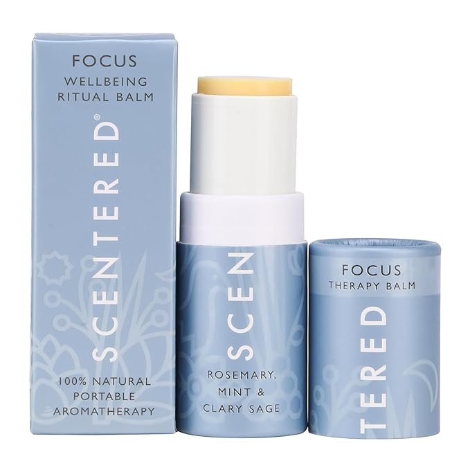 Scentered Aromatherapy Balm Stick for Focus & Concentration - Roll On Essential Oils Blend - Rosemary, Mint, Clary Sage in Shea Butter - Self-Care Stocking Stuffers for Women