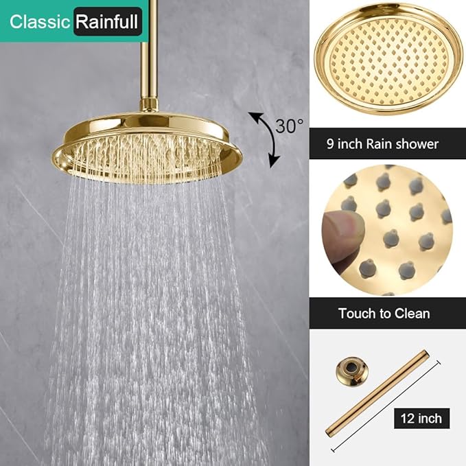 Dual Antique Shower Head System with Tub Spout: 9" Ceiling Mounted Rain & 6" Wall Mount Rainfall, Handheld Spray Vintage Faucet Set, 4 Way Diverter Brass Valve with Trim Kit, Gold