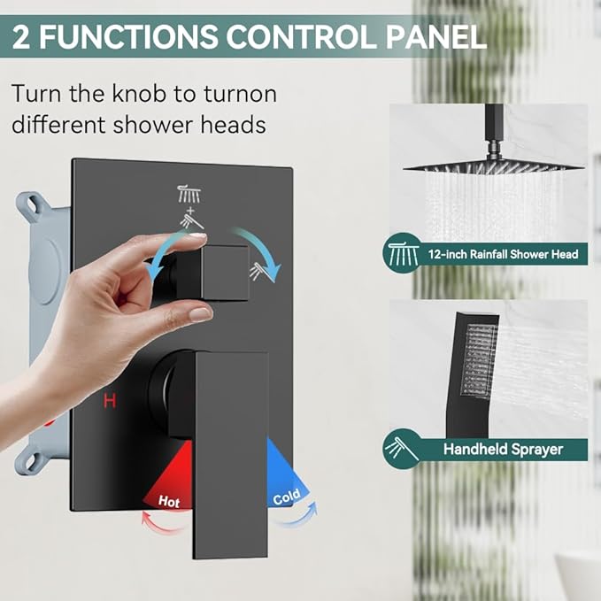 Shower Faucet Set Matte Black Shower System, Starbath 12" Rain Shower Head and Handheld Spray Shower Set Complete Ceiling Mounted,2 Way Pressure Balance Shower Valve and Trim Kit Included