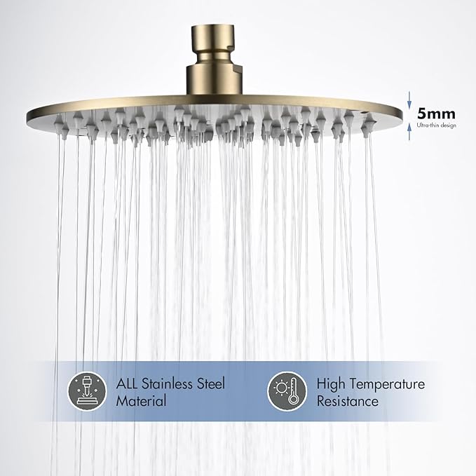Rainfall Shower Head, MEDIOMI Rain Shower Head Set - Ultra-Thin Design High Flow Stainless Steel Large Round Rain Shower Heads with Shower Arm and Flange (8-Inch, Brushed Gold)