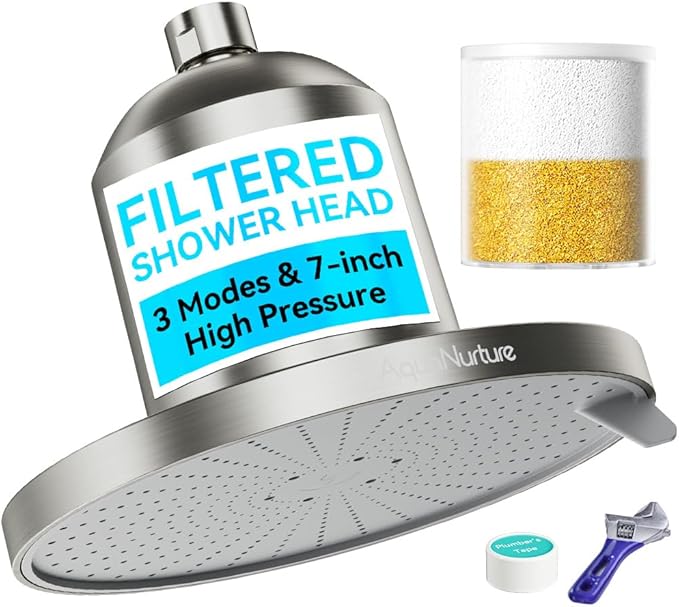 Filtered Shower Head with Filters, High Pressure Filter Showerhead for Healthier Hair & Skin, Remove Chlorine and Heavy Metals For Hard Water, 3 Modes 7 Inch Best Shower Heads 2.5 GPM,Brushed Nickel