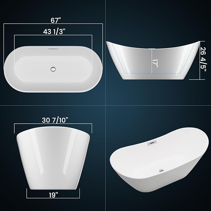 67 Inch Acrylic Freestanding Bathtub, Soaking Bathtub with Matte Drain and Overflow, Modern Square Tub with Deep Ergonomic Design, Double-Walled Insulation for Bathroom Relaxation, cUPC Certified