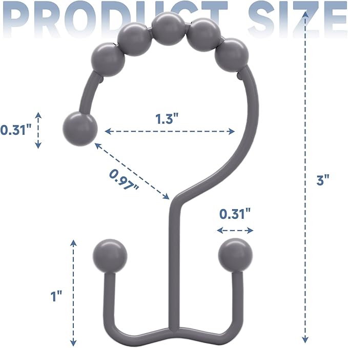 Titanker Shower Curtain Hooks Rings, Rust-Resistant Metal Double Glide Shower Hooks for Bathroom Shower Rods Curtains, Set of 12 Hooks - Neutral Gray