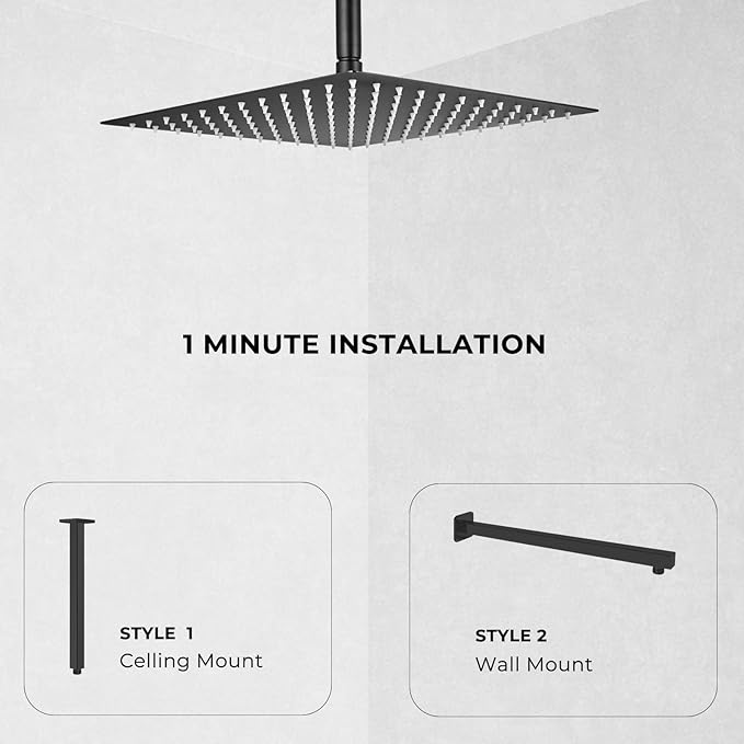 Rain Shower Head, High Flow Stainless Steel Square Rainfall Shower, Waterfall Bath Shower Body Covering, Ceiling or Wall Mount, Ultra Thin (12 Inch, Matte Black)