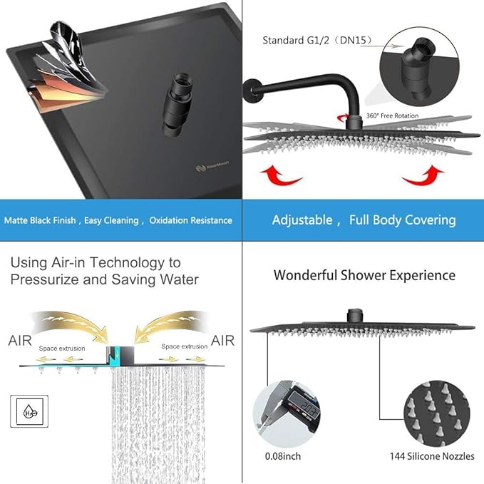 NearMoon Square Rain Shower Head With Extension Arm, Large Stainless Steel Rainfall Shower-Waterfall Full Body Coverage (16 Inch, Matte Black)
