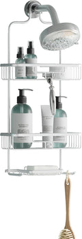 Zenna Home Rustproof Hanging Shower Caddy, Over the Shower Head Caddy with 2 Shelves and Built In Hooks, Aluminum Bathroom Hanging Organizer, Satin Chrome