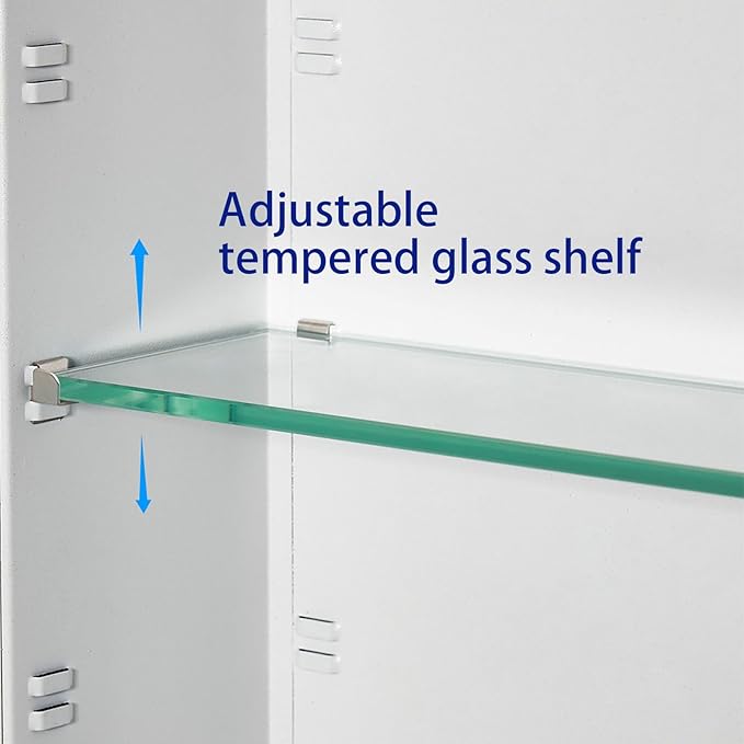 Bathroom Medicine Cabinet with Beveled Edge Mirrored Door 14 x 18 inch, Recessed or Surface Mount, with Adjustable Glass Shelves