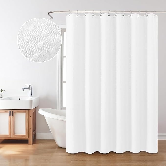 Inhousolu Fabric Shower Curtain Waffle Weave, 230 GSM Heavy Duty, Weighted Hem, 12 Metal Hooks, Water Repellent, Machine Washable, Hotel Spa Luxury Bath Curtain Set, 60 x 72 Inch, White