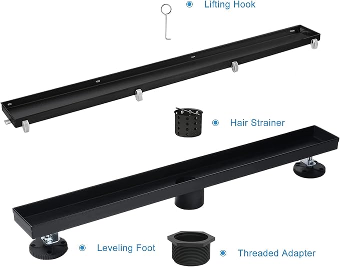 Linear Shower Drain, 28 inch Black Drain with Tile Insert 2-in-1 Panel, Brushed 304 Stainless Steel Shower Floor Drain, Linear Drain with Hair Strainer and Adjustable Feet