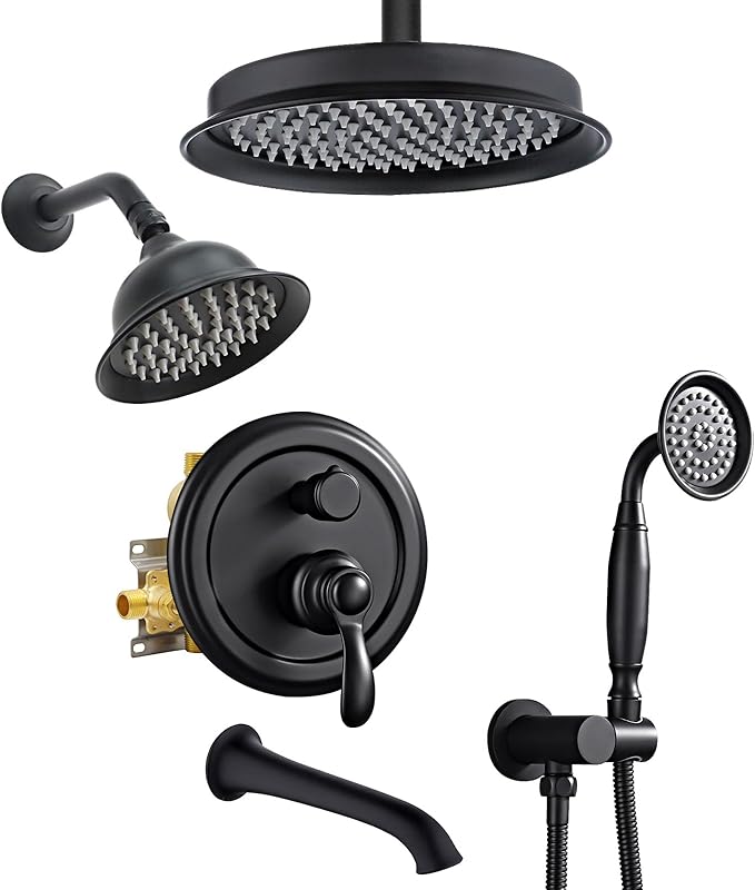 Dual Antique Shower Head System with Tub Spout: 9" Ceiling Mounted Rain & 6" Wall Mount Rainfall, Handheld Spray Vintage Faucet Set, 4 Way Diverter Brass Valve with Trim Kit, Matte Black