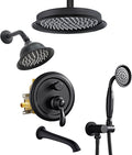 Dual Antique Shower Head System with Tub Spout: 9" Ceiling Mounted Rain & 6" Wall Mount Rainfall, Handheld Spray Vintage Faucet Set, 4 Way Diverter Brass Valve with Trim Kit, Matte Black