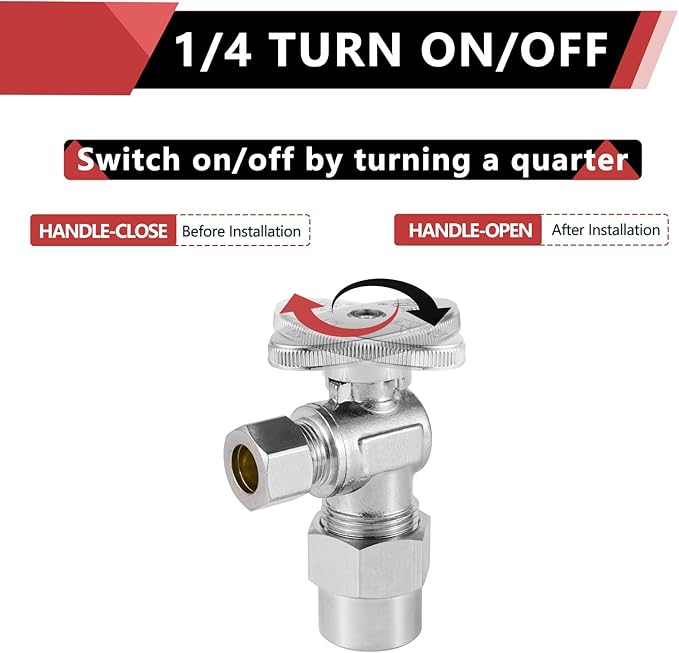 20-Pack EFIELD Angle Stop Valve 1/2" Nominal (5/8" OD) Compression x 3/8" OD, 1/4-Turn, Chrome Plated,(VALVE116-20PCS)