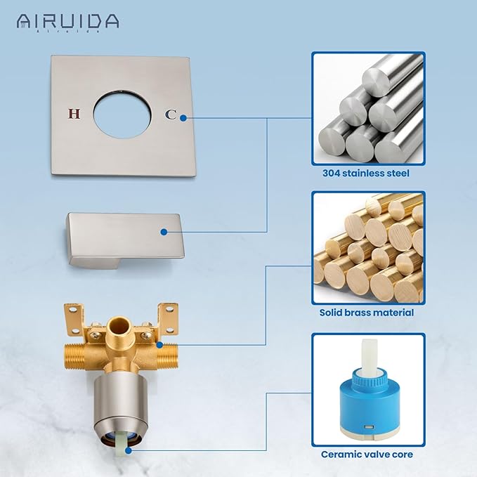 Airuida Square Single-Function Brass Faucet Shower Rough-in Valve Male Thread Bathroom Trim Kit Single Handle Tub Shower Valve 5.5 Inch Cover Plate Brushed Nickel