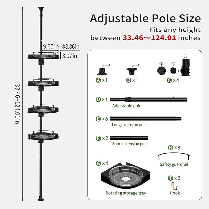 360° Rotating Corner Shower Caddy Tension Pole Organizer - 4-Tier Adjustable Rustproof Metal Pole, Plastic Shelves with Safety Guardrail, Bathroom Storage for Shower & Bathtub(Black)