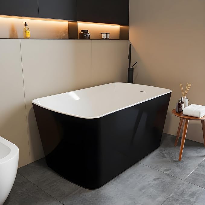 49 Inch Acrylic Freestanding Bathtub, Soaking Bathtub with Matte Drain and Overflow, cUPC Certified, Modern Square Tub with Deep Ergonomic Design and Double-Walled Insulation for Bathroom Use, Black