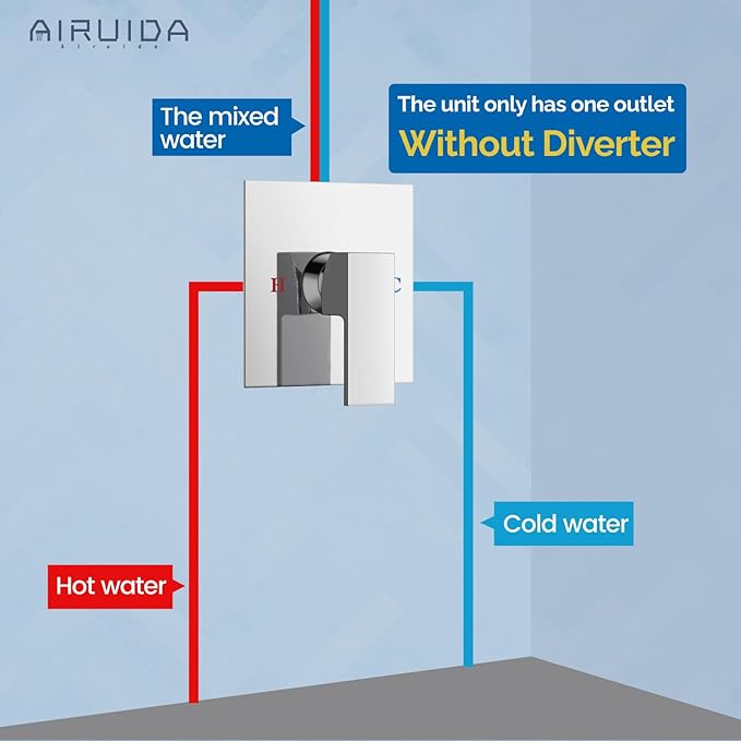 Airuida Square Single-Function Brass Faucet Shower Rough-in Valve Male Thread Bathroom Trim Kit Single Handle Tub Shower Valve 5.5 Inch Cover Plate Chrome Polish